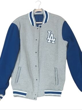 Men's Gray and Blue LA Los Angeles DODGERS Reversible Varsity Jacket